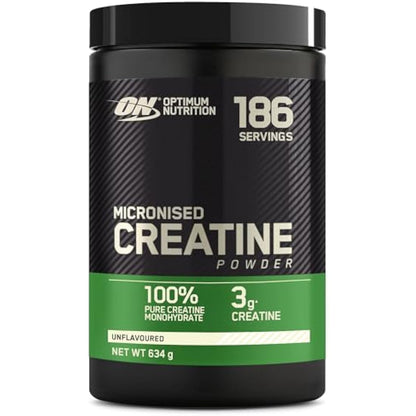 Optimum Nutrition Micronised Creatine Powder, 100% Pure Creatine Monohydrate Powder for Performance and Muscle Power, Unflavoured Shake, 186 Servings, 634 g