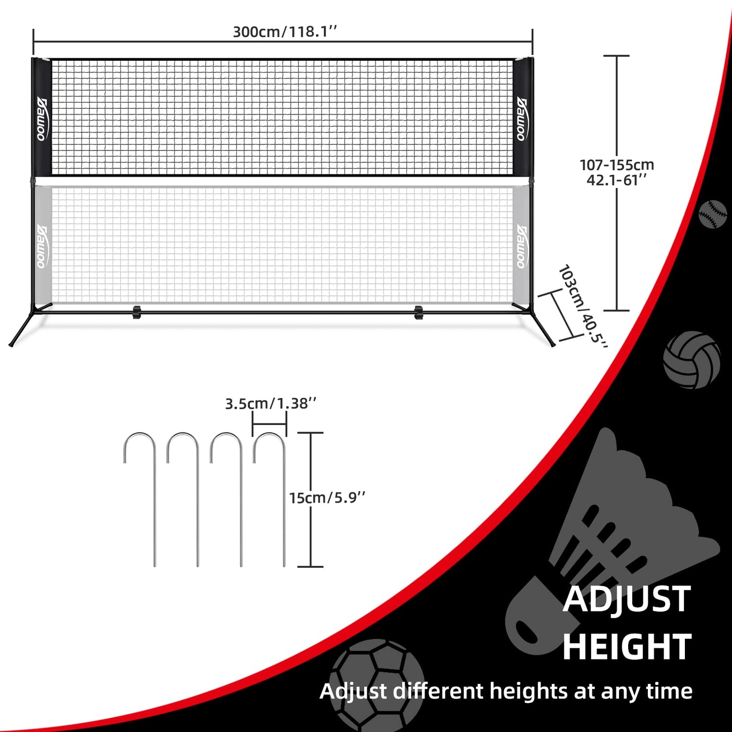 DAWOO Portable Sports Net Set - For Tennis, Soccer, Pickleball, Kids Volleyball, Badminton - Easy Setup Nylon Net with Poles (3M)