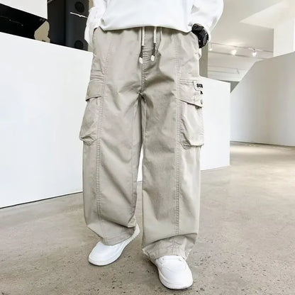 Boys Loose Cargo Pants – Autumn Cotton Blend Trousers for Kids 110-170 cm, Streetwear Style Black or Beige