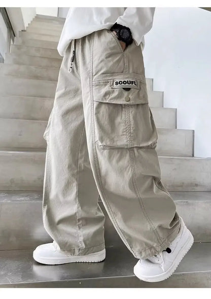 Boys Loose Cargo Pants – Autumn Cotton Blend Trousers for Kids 110-170 cm, Streetwear Style Black or Beige