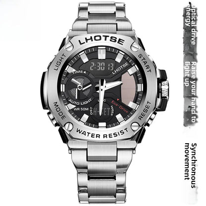Light kinetic energy Steel & Heart Trend sports waterproof steel belt men's Quartz Electronic double display watch wholesale