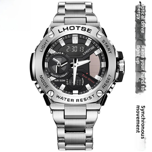 Light kinetic energy Steel & Heart Trend sports waterproof steel belt men's Quartz Electronic double display watch wholesale