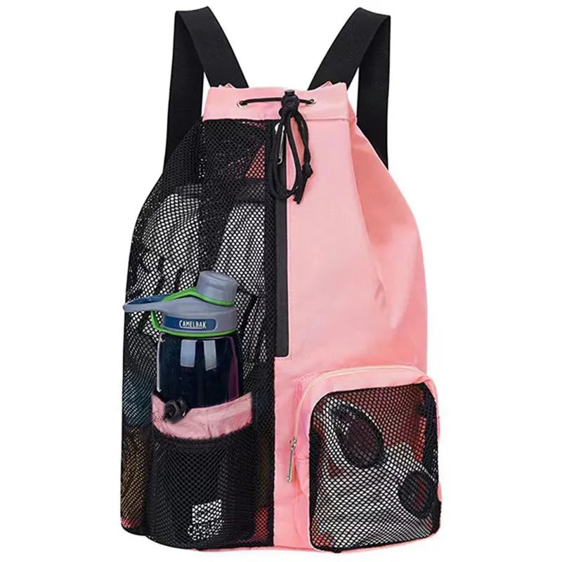 In stock new swimming bag mesh drawstring backpack with wet bag beach backpack, gym and workout equipment bag