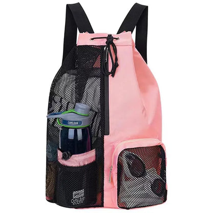In stock new swimming bag mesh drawstring backpack with wet bag beach backpack, gym and workout equipment bag
